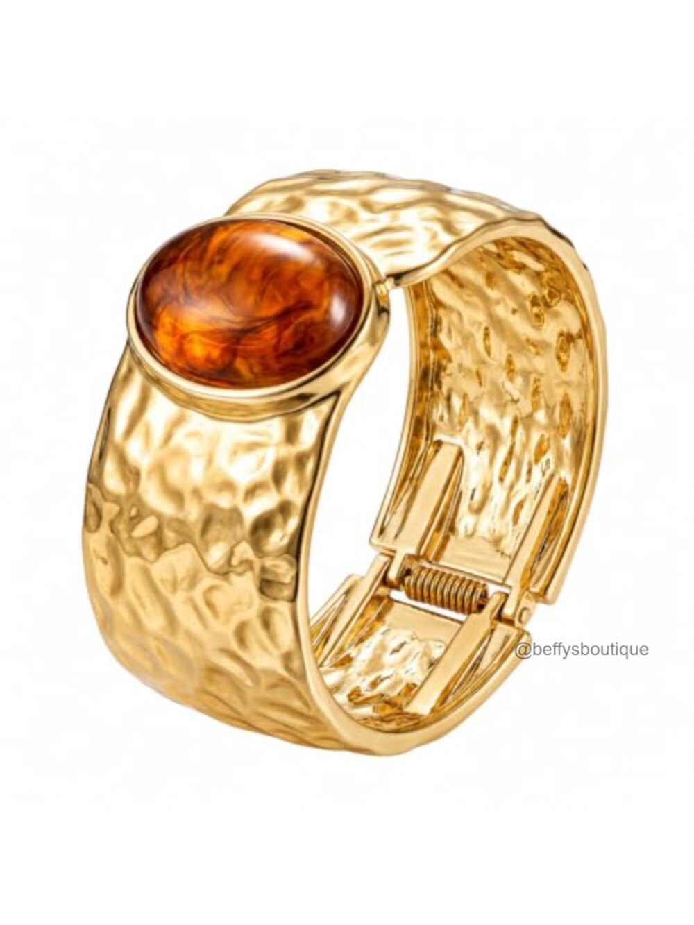 Wide Hammered Cuff Bracelet with Oval Resin Stone Hinged Open Bangle